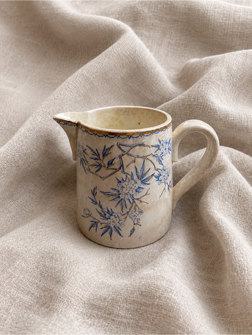 Antique Sarreguemines Mini Cream Pitcher | French Blue Floral Ironstone Creamer